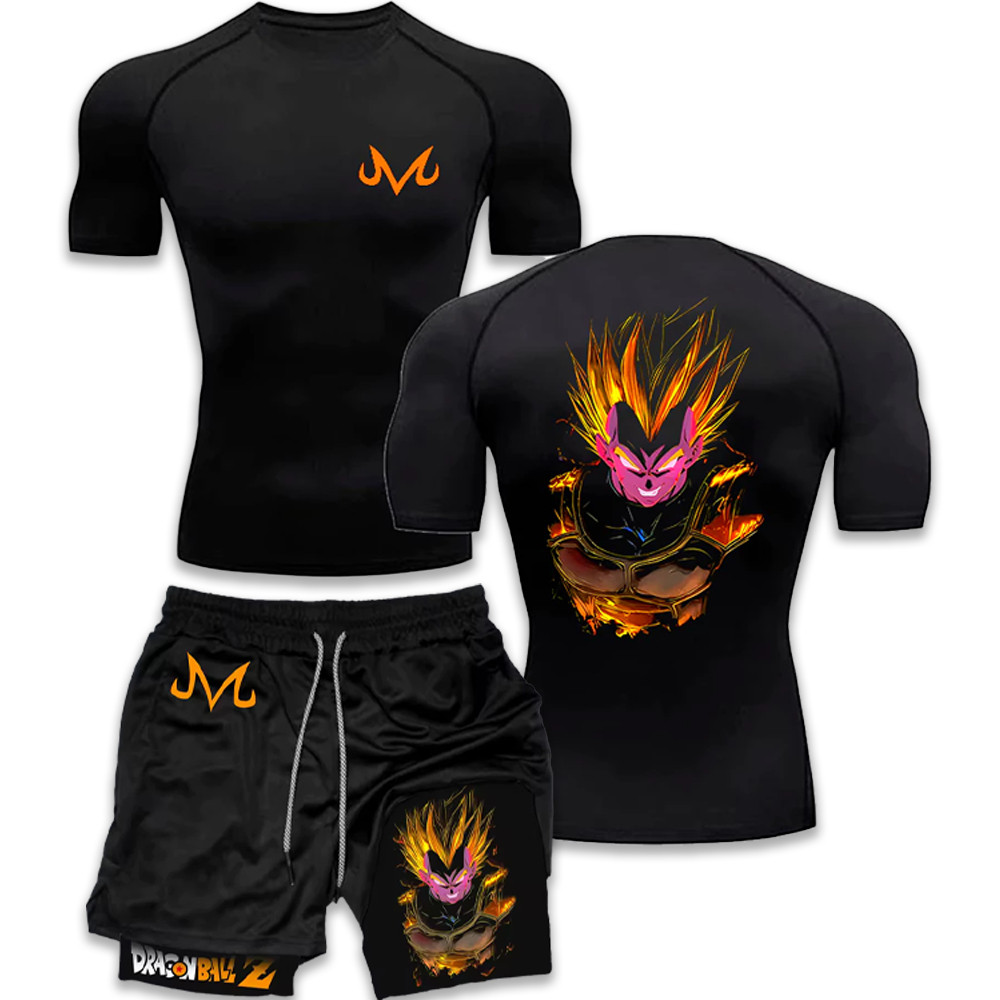 Kit Camiseta compressão e Short Compressão 2 em 1 Dry-Fit Arte Vegeta Goku Dragon Anime Ball Z Mode Geek Gym Fitness