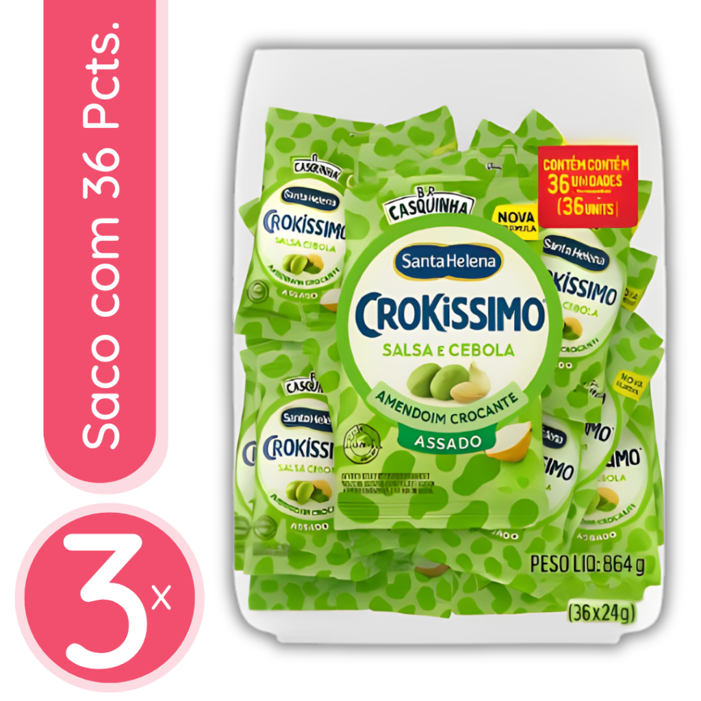 Amendoim Assado Crokíssimo Salsa e Cebola Santa Helena - 3 Sacos de 864g / 108 Pacotinhos