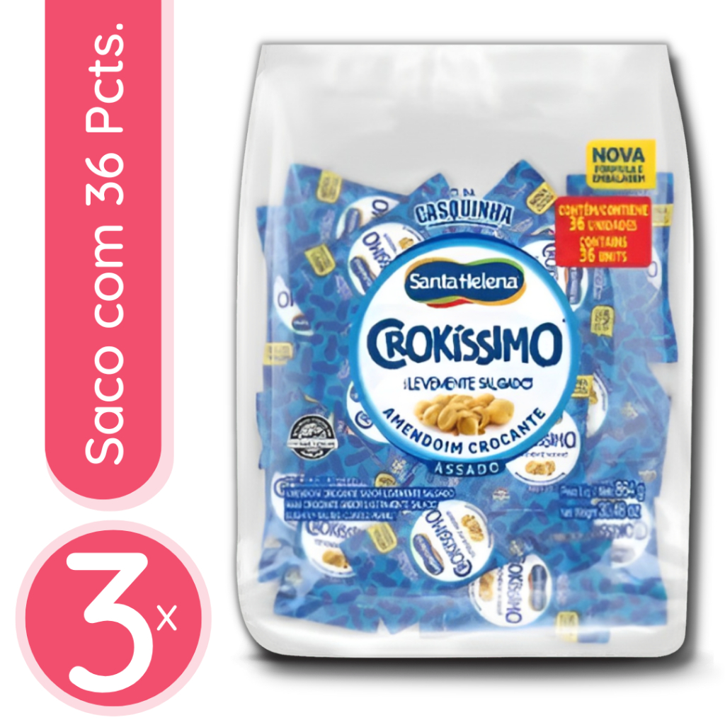 Amendoim Assado Crokíssimo Santa Helena - 3 Sacos de 864g / 108 Pacotinhos