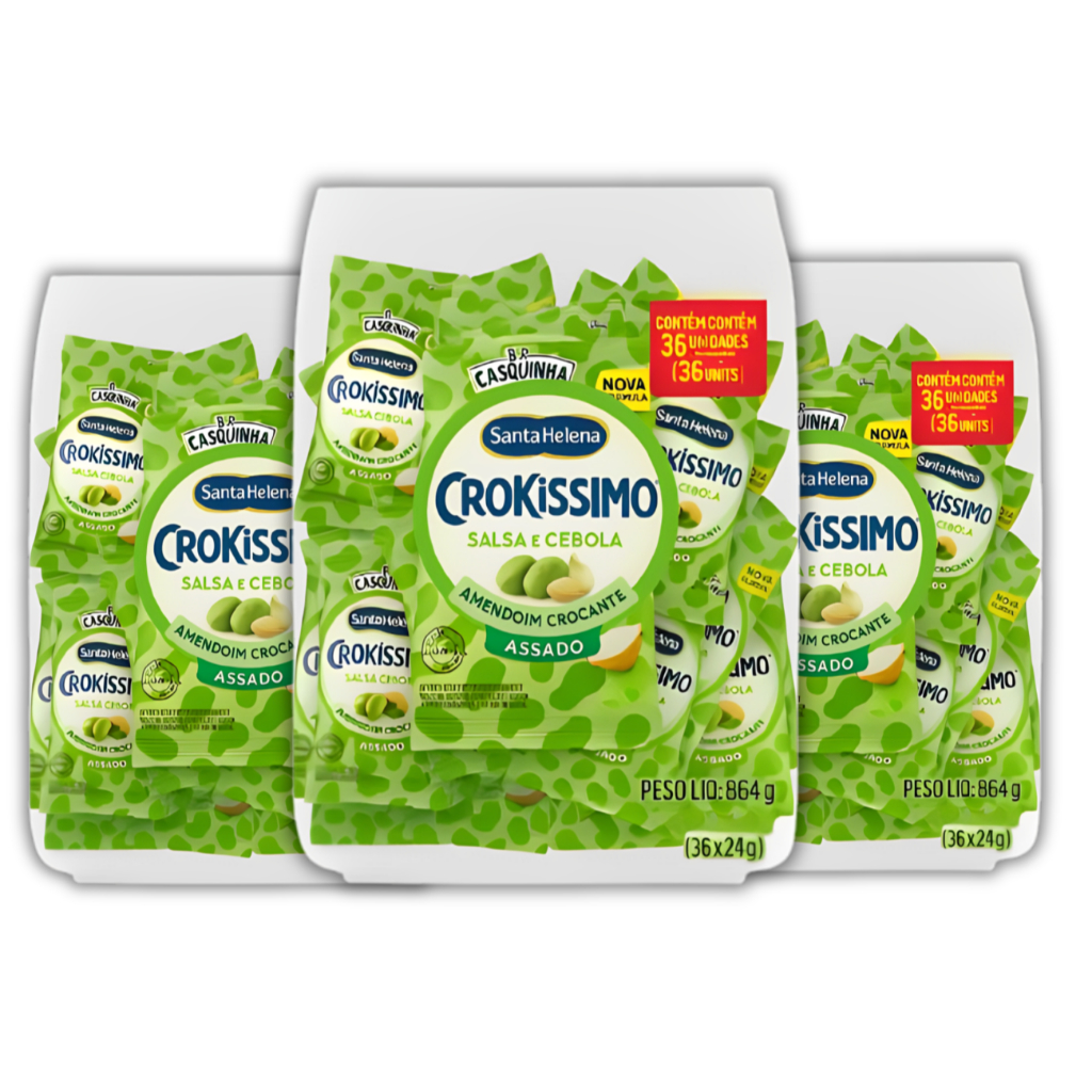 3 Sacos de Amendoim Crokissimo Sem Pele Sabor Salsa E Cebola- 108 Pacotinhos de 24g cada