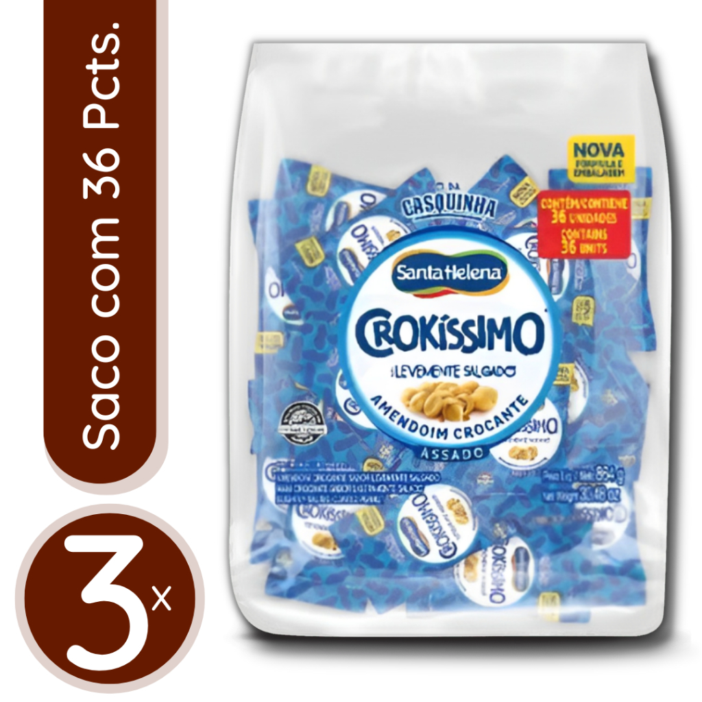 Amendoim Assado Crokíssimo Santa Helena - 3 Sacos de 864g / 108 Pacotinhos