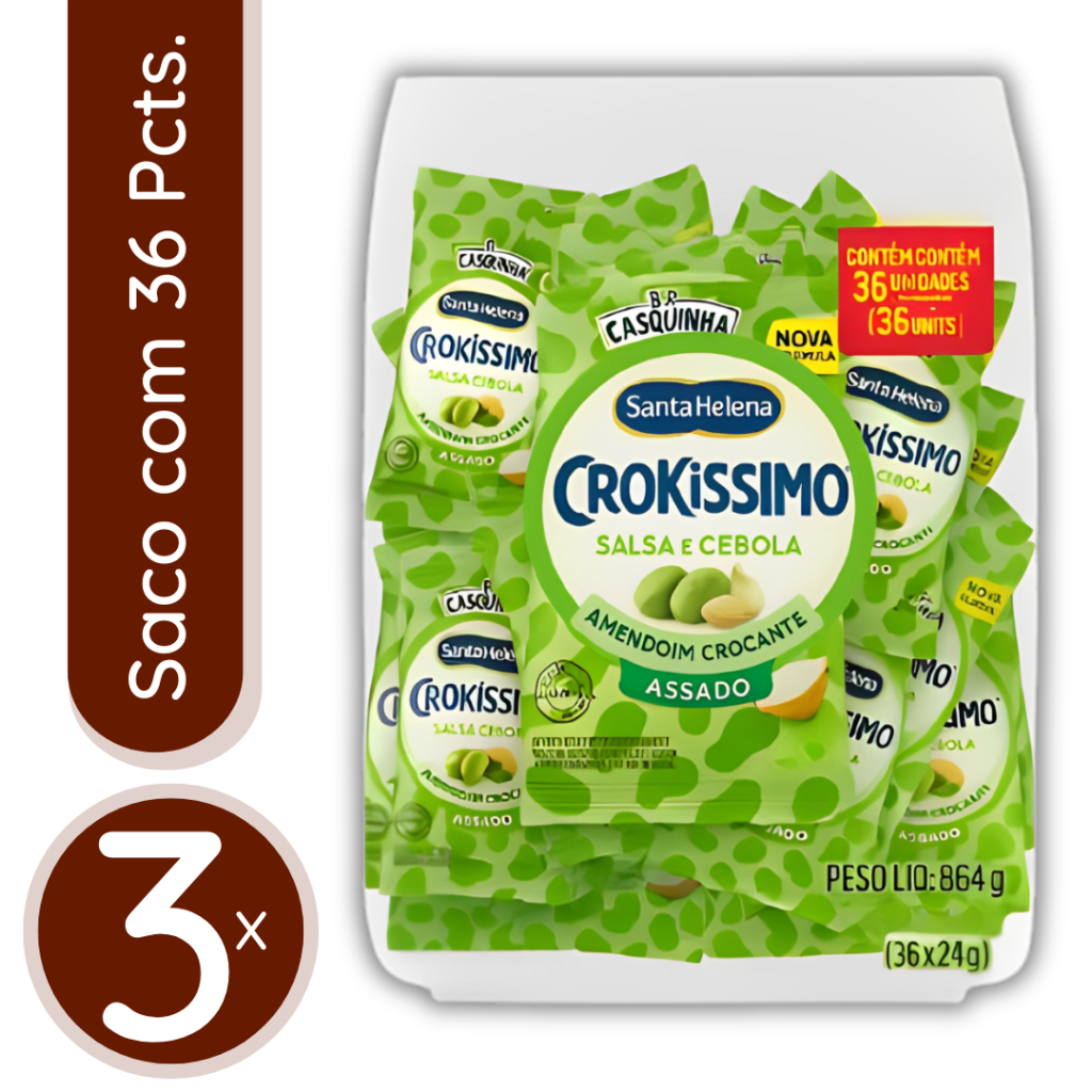 Amendoim Assado Crokíssimo Salsa e Cebola Santa Helena - 3 Sacos de 864g / 108 Pacotinhos