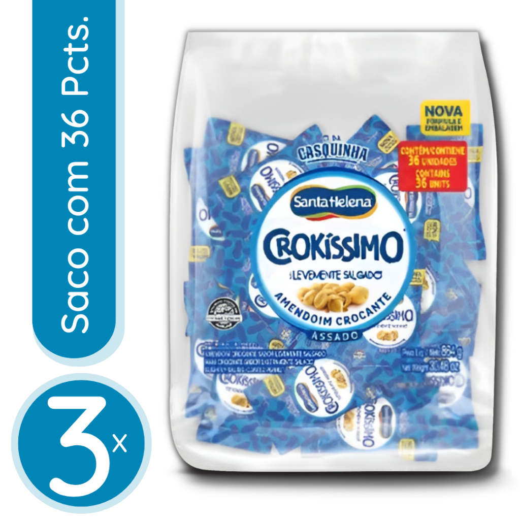 Amendoim Assado Crokíssimo Santa Helena - 3 Sacos de 864g / 108 Pacotinhos