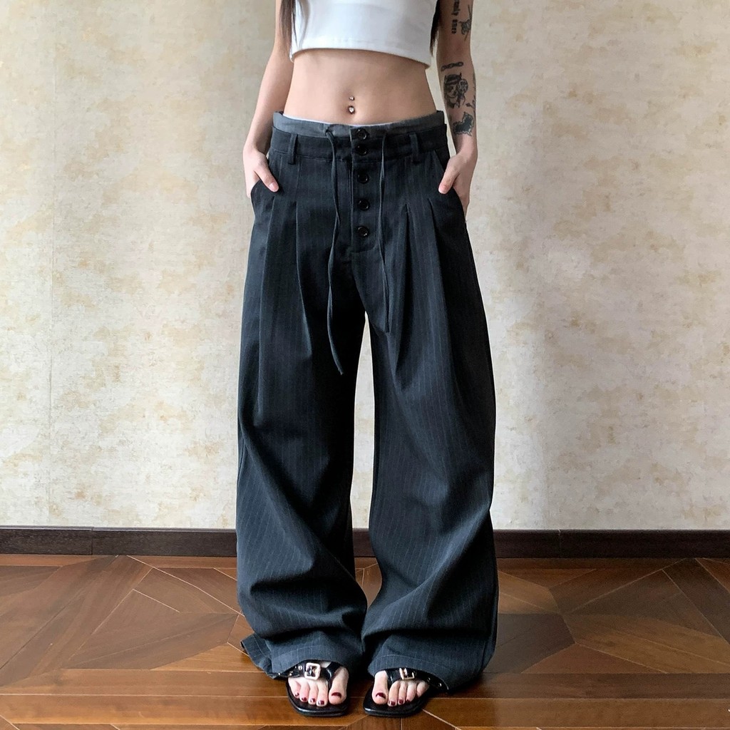 Americano Retro High-End cintura dupla listrado calças casuais das mulheres dos homens Drape solto mais magro olhar cord