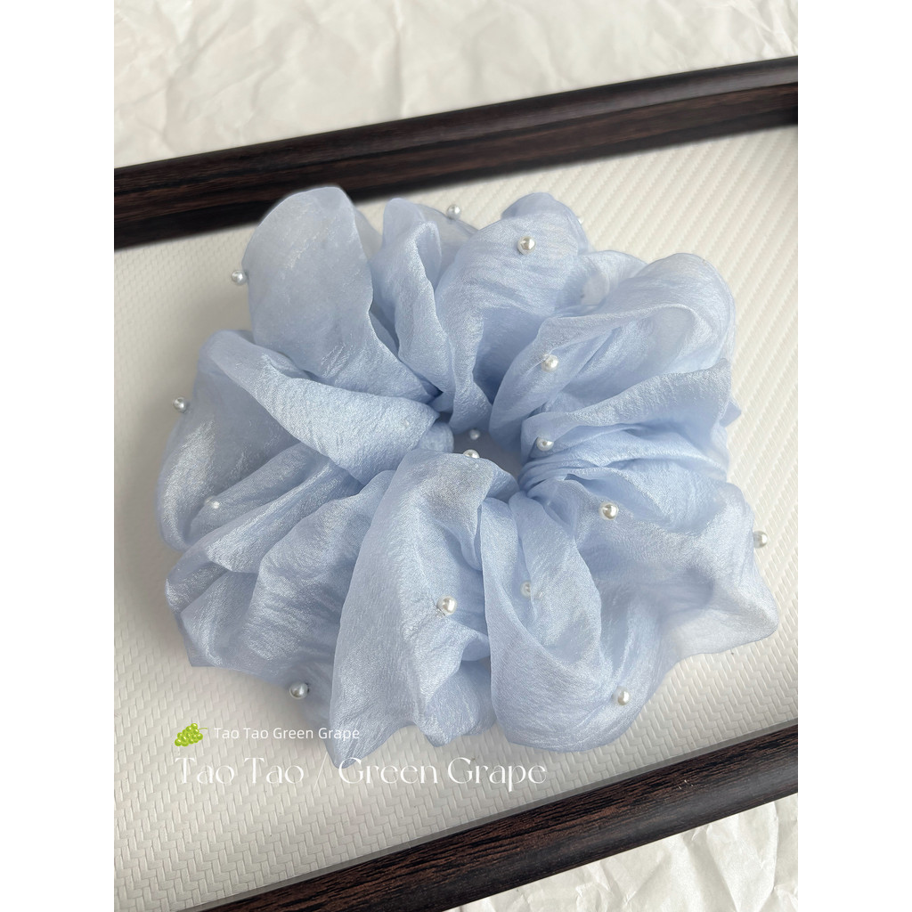 Estilo coreano azul gaze pérola Scrunchy laço de cabelo feminino verão High-End sentir grande laço de cabelo cabeça cord