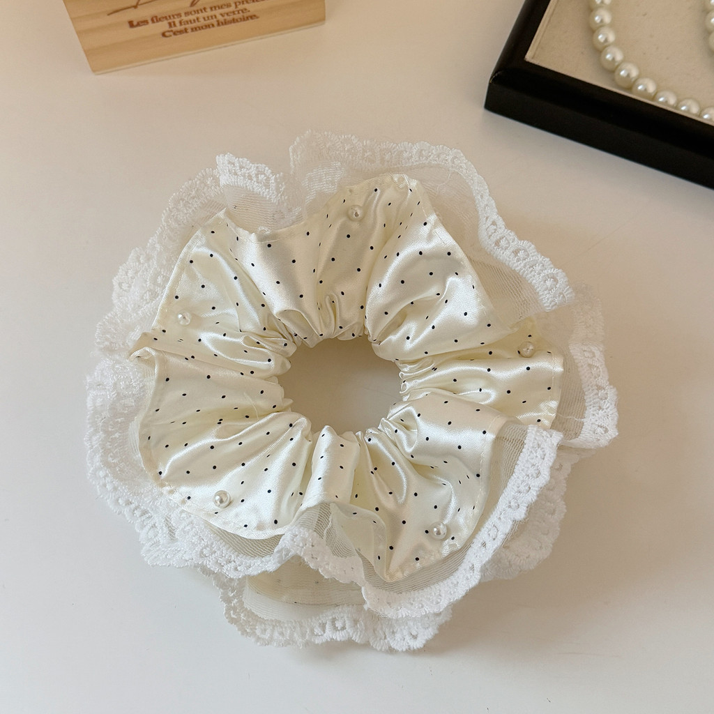 High-End cetim bolinhas renda Scrunchy laço de cabelo feminino luz luxo elegante gravata cabeça de cabelo flor bola cord