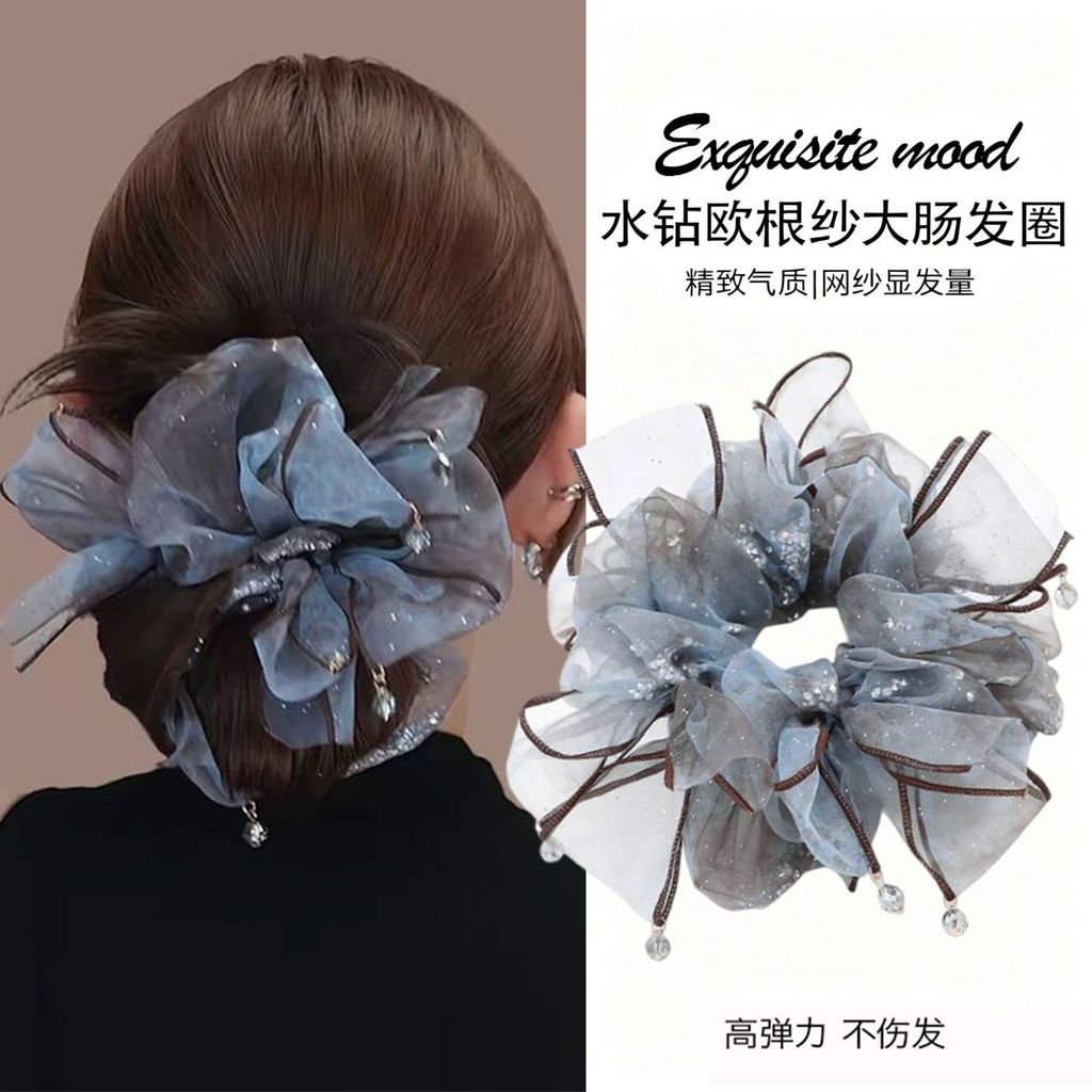 Organza Bowknot strass Scrunchy laço de cabelo feminino High-End rabo de cavalo bola cabeça Volume de cabelo cabeça cord