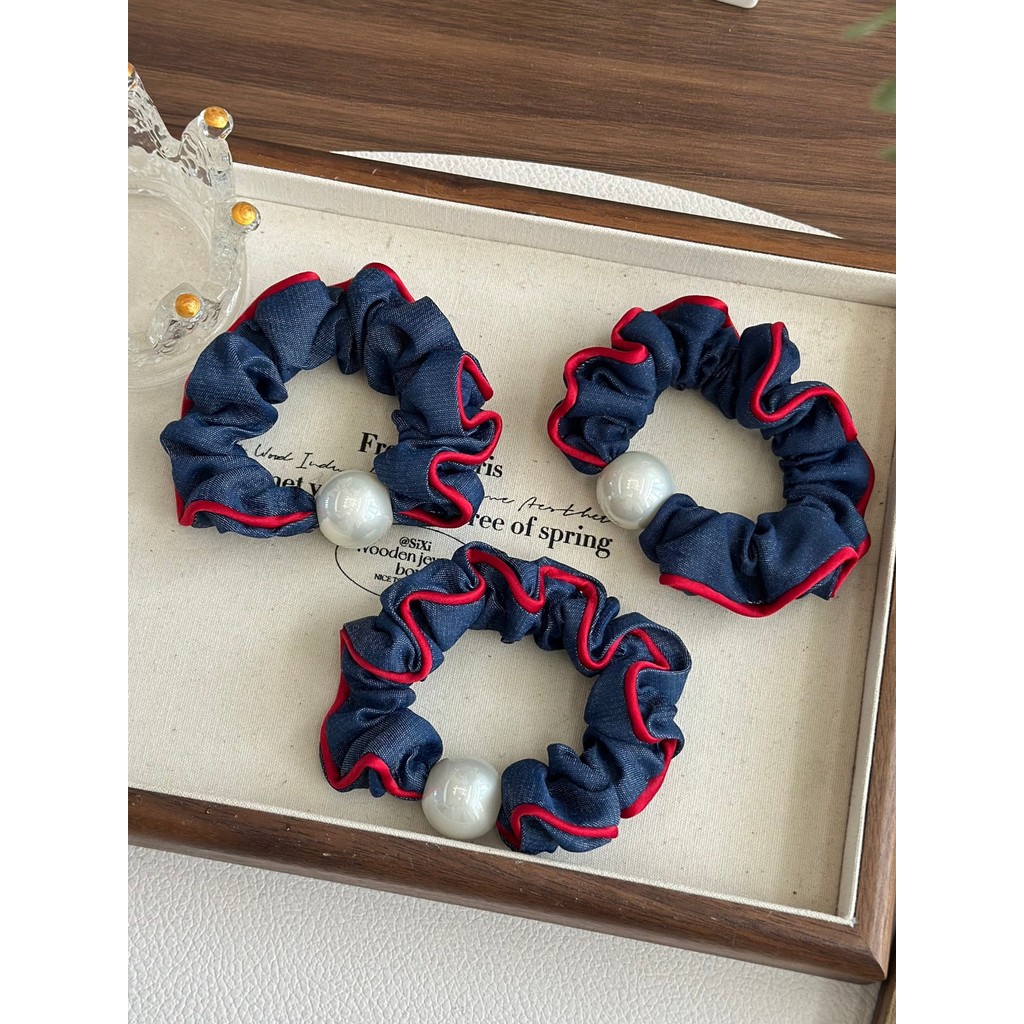 Versão coreana Denim contraste cor pérola anel de cabelo menina High-End sentimento simples pequeno Scrunchy cabeça cord