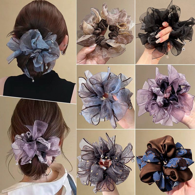 Organza Bowknot strass Scrunchy laço de cabelo feminino High-End rabo de cavalo bola cabeça Volume de cabelo cabeça cord