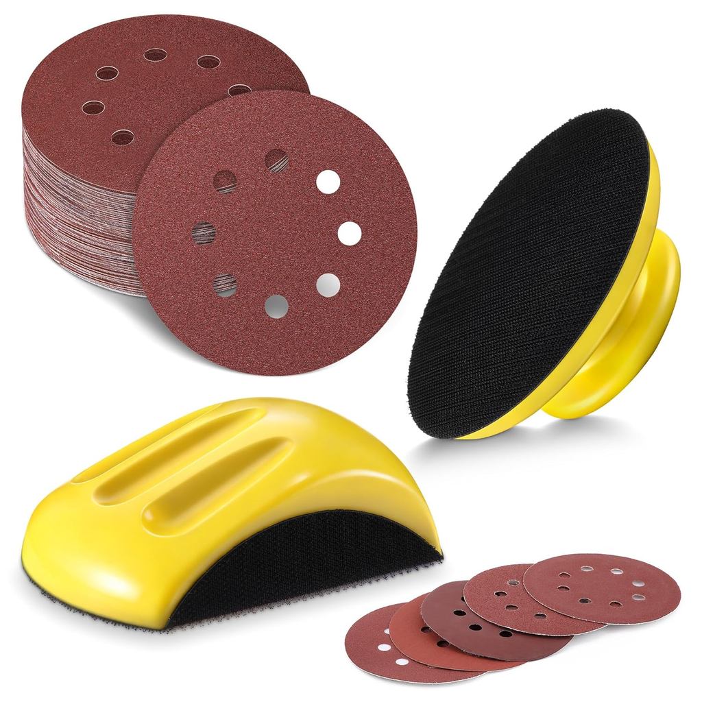 Huwena 5 Inch Hook and Loop Sanding Block Set, 2 Pcs Round and Mouse Sanding Block with 50 Pcs Different Grit Discs Sand