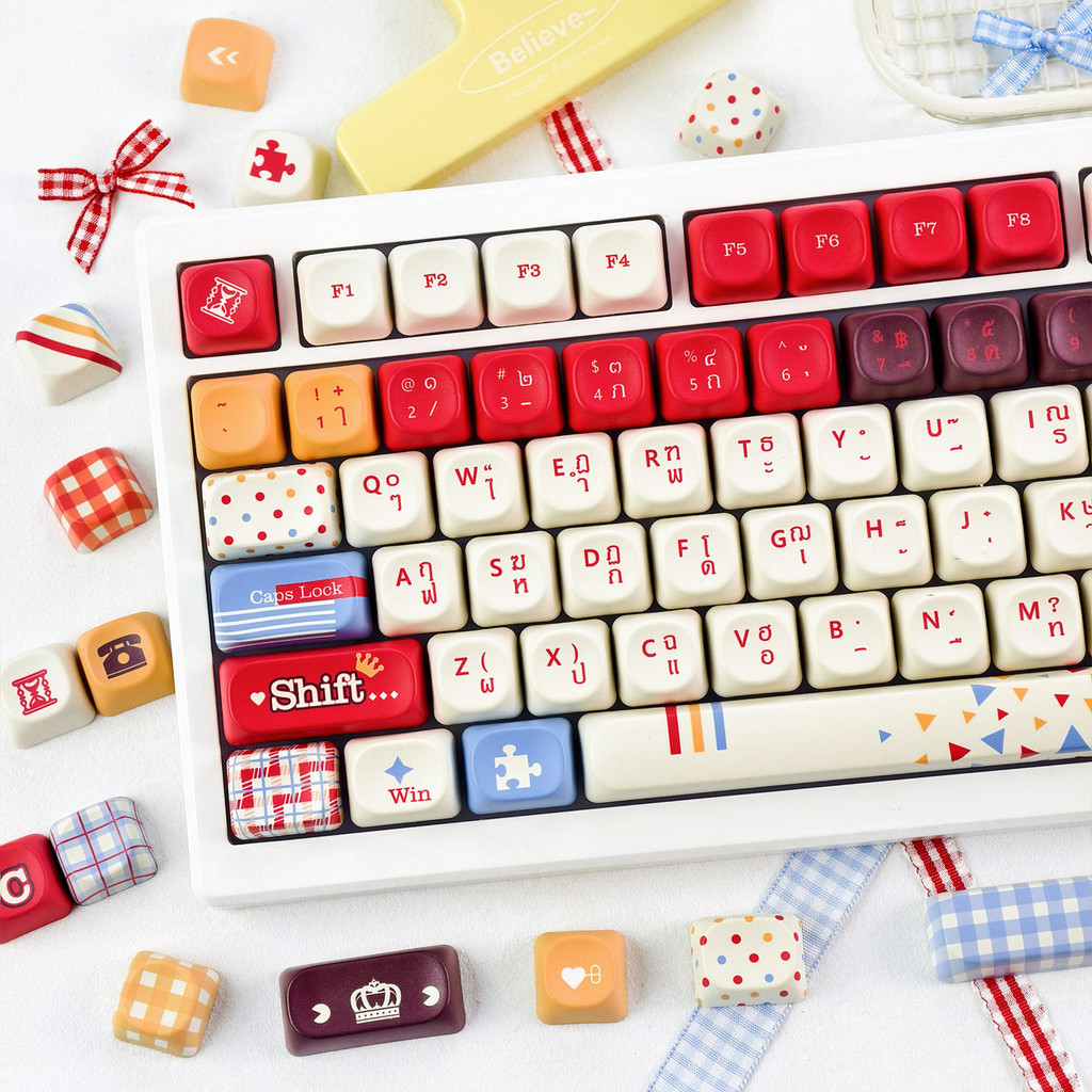 EN/Thmaimooo Vermelho Amarelo Azul Thai Keycap MOA/Cherry Profile 120 Teclas PBT Sublimação De Tinta Aula F75 Cute Round
