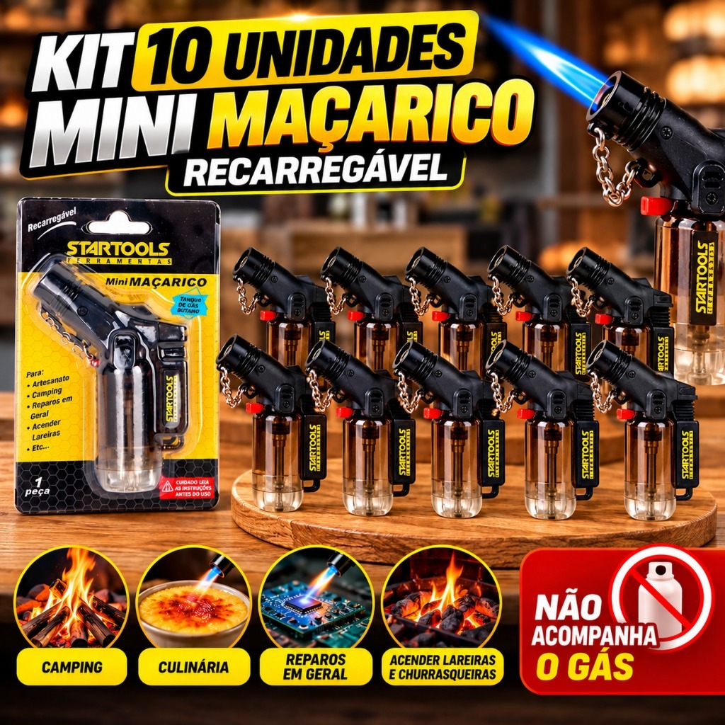 Kit 10 Unidades Mini Maçarico Recarregável Ascende Fogo Lareira Camping Ascendimento Elétrico