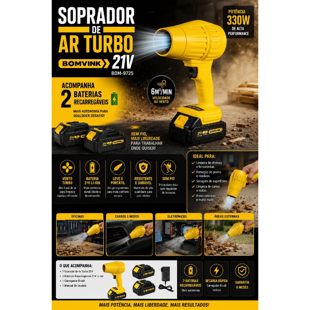 Soprador de Ar Turbo Sem Fio 21V Bomvink BOM-9725 com 2 Baterias Recarregáveis | 330W Alta Potência