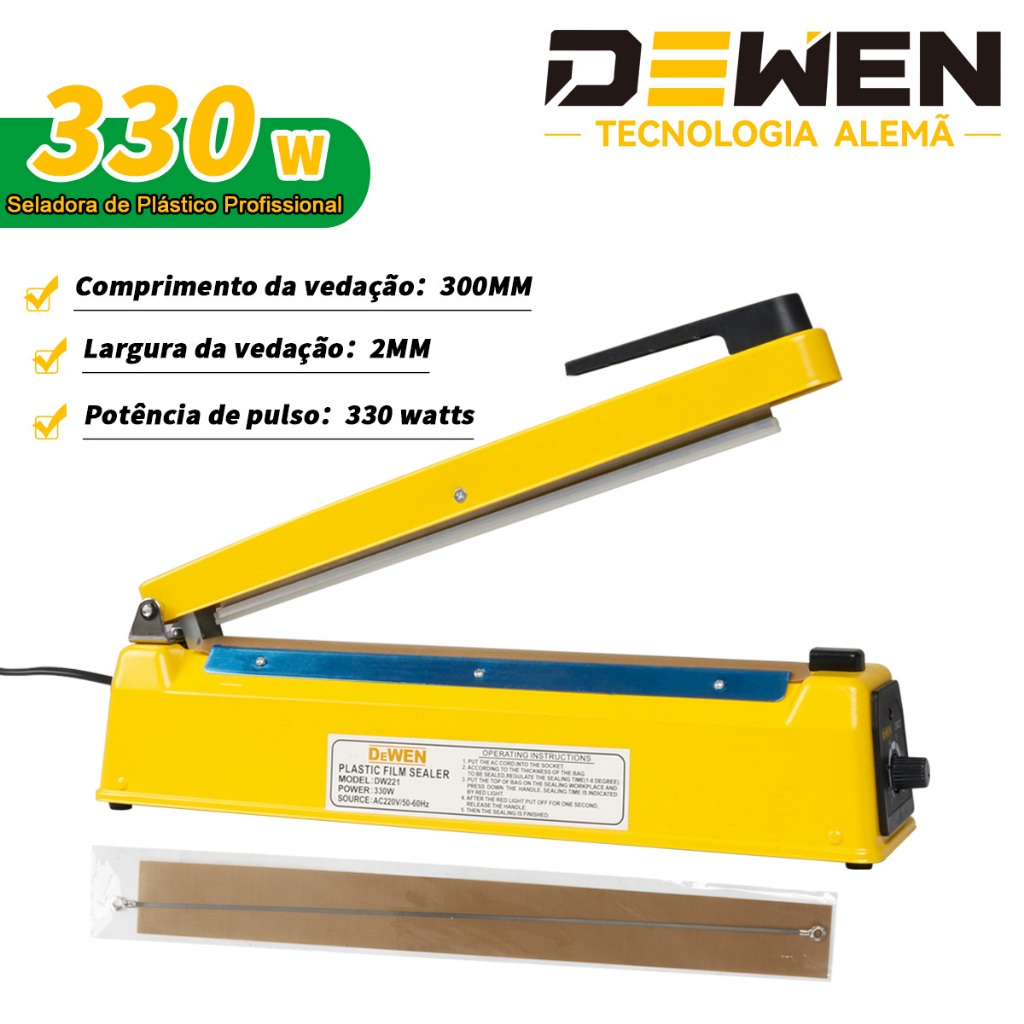 Seladora de Plástico Profissional 330W DEWEN 300mm Embaladora Térmica Ideal para Alimentos e Produtos
