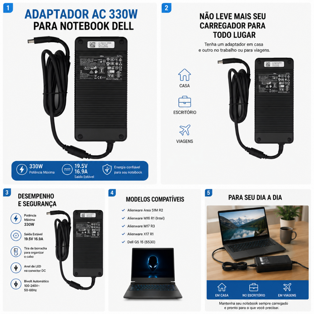 Fonte Carregador Dell Gamer Alienware 330w 19,5v 16.9a pino 7,4*5,0mm