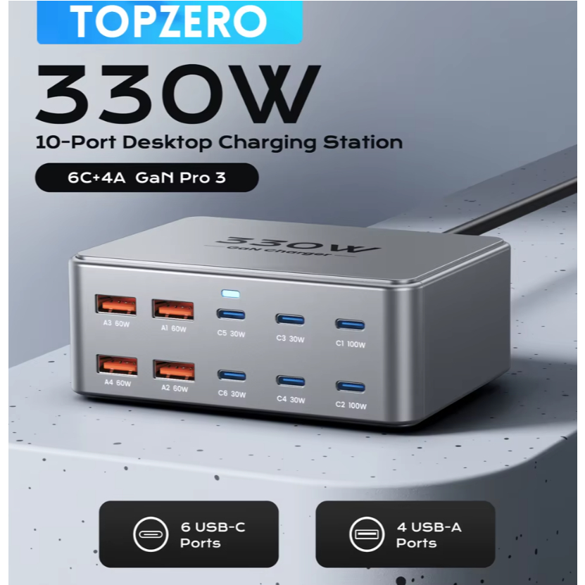 Carregador GaN 330W USB-C PD 3.0 PPS QC 3.0, 100W de Potência, Multiportas, Carregamento Rápido