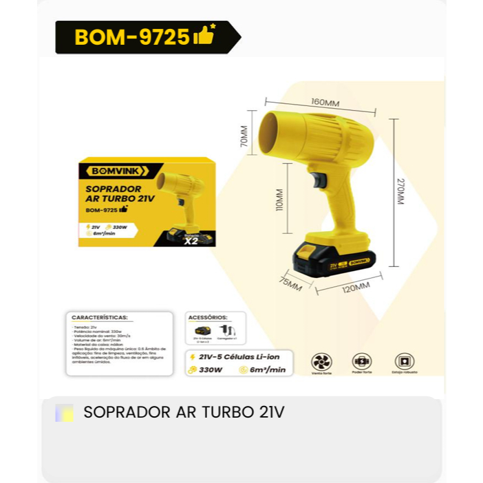 SOPRADOR AR TURBO RECARREGAVEL C/2 BATERIAS 21V 330W BOM-9725