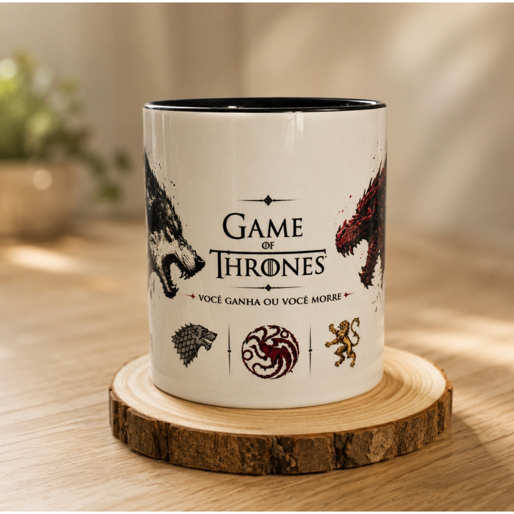 Caneca Game of Thrones Lobo Stark vs Dragão Targaryen Cerâmica 325ml Presente Geek