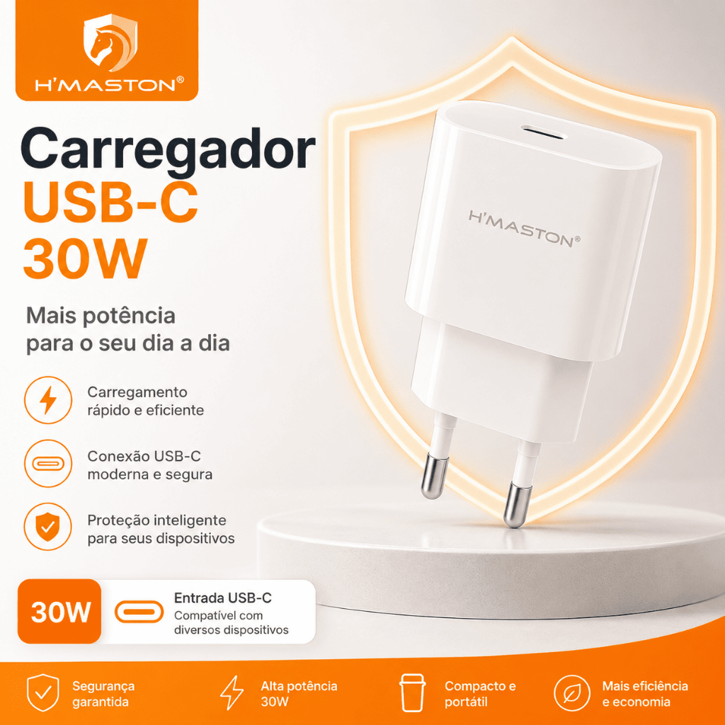 Adaptador Base Suporte USB-C 30W Turbo H'Maston Carregamento Rápido Power Adapter Bivolt