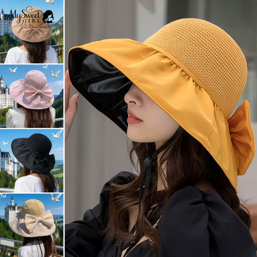 Foldable Summer Hat with Bow Portable for Travel Woven Women’s Wide Brim Sun – Breathable Uv Protection Floppy Beach