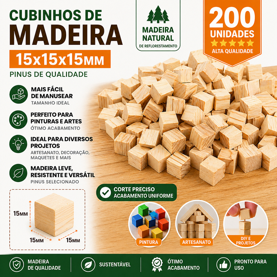 Cubinhos de Madeira 15x15mm 200 Unidades Pinus Natural Artesanato DIY NEVESTAR