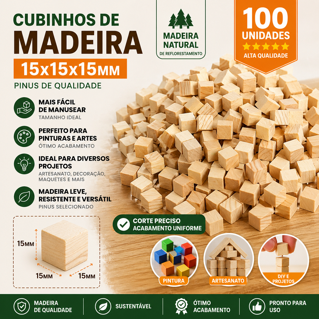 Cubinhos de Madeira 15x15mm 100 Unidades Pinus Natural Artesanato DIY NEVESTAR