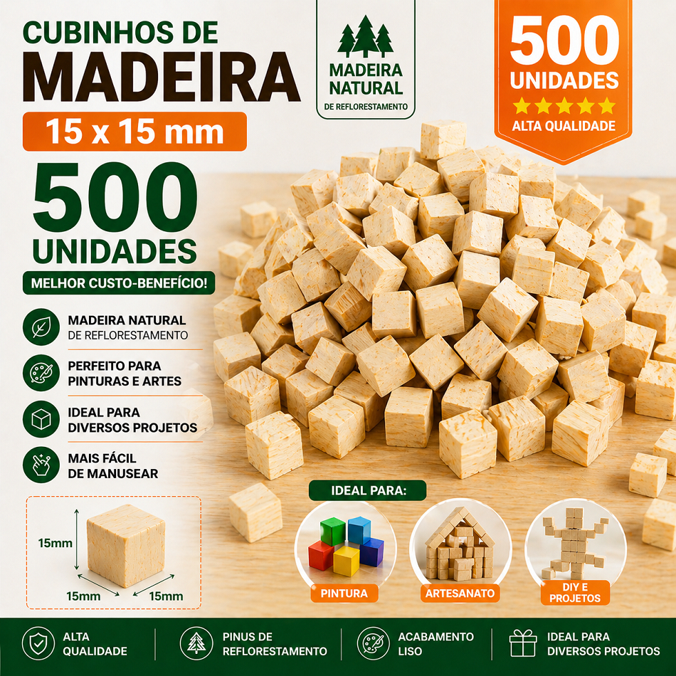 Cubinhos de Madeira 15x15mm 500 Unidades Pinus Natural Artesanato DIY NEVESTAR