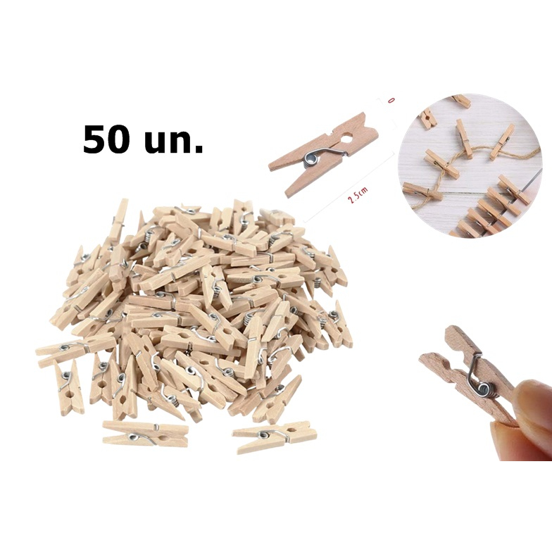 Mini Prendedor Madeira 2,5cm Com 50 Unidades Natural