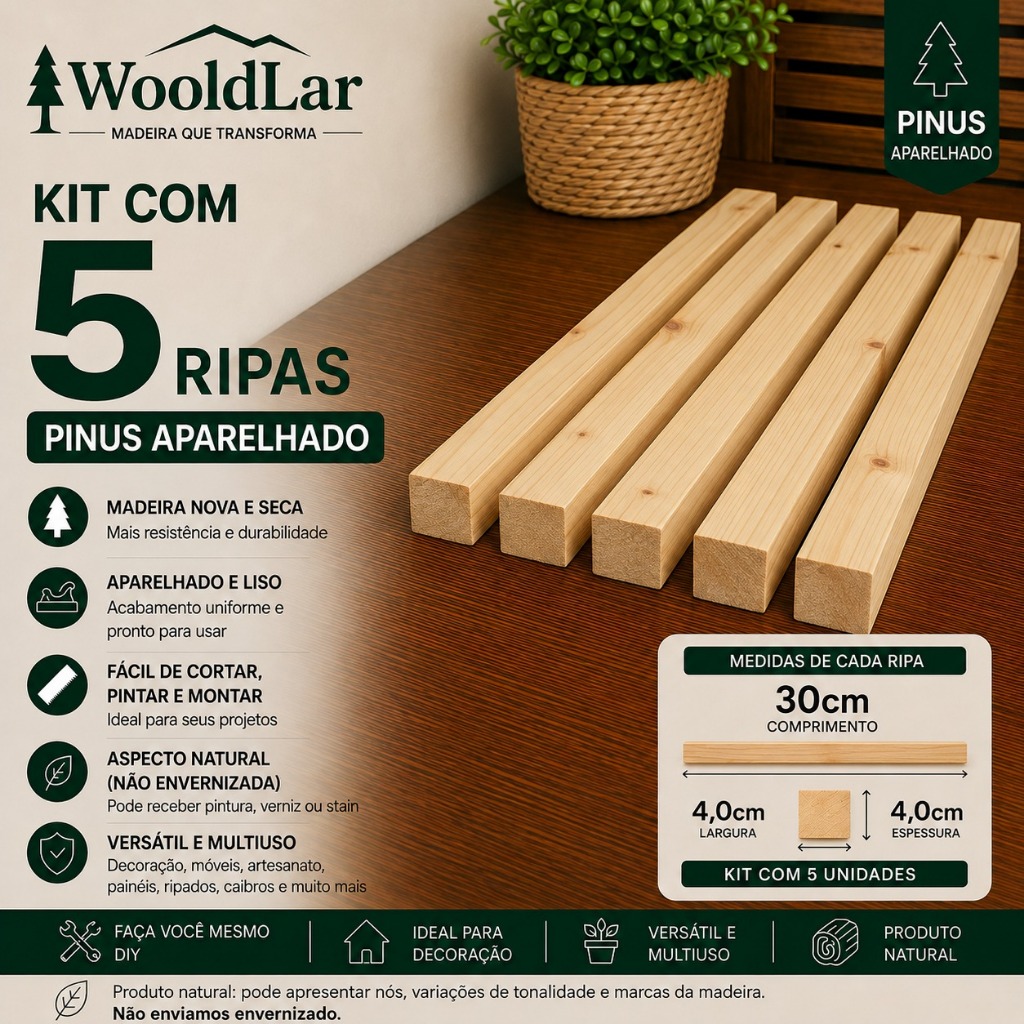 Kit 10 Sarrafos de Pinus Aparelhado 4x4x30cm Madeira Maciça Natural Caibro Artesanato Marcenaria DIY