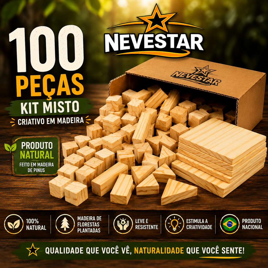 Kit Criativo Madeira Natural 100 Peças Artesanato DIY Montessori NEVESTAR