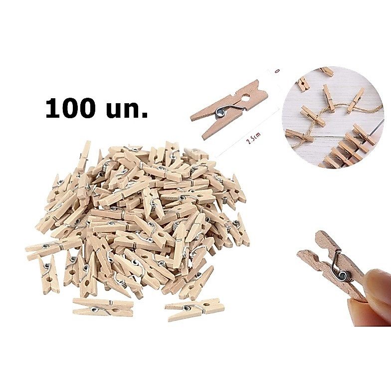 100 Mini Prendedor Pregador Madeira 2,5cm com 100 Unidades Natural | Mini Pregadores para Fotos