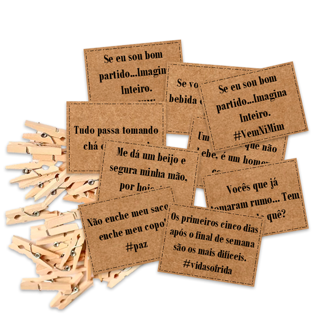 Kit 100 Tags Frases diversas p/ drink com pregador natural