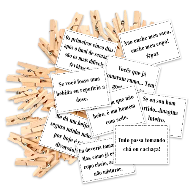 Kit 100 Tags Frases diversas p/ drink c/ pregador natural