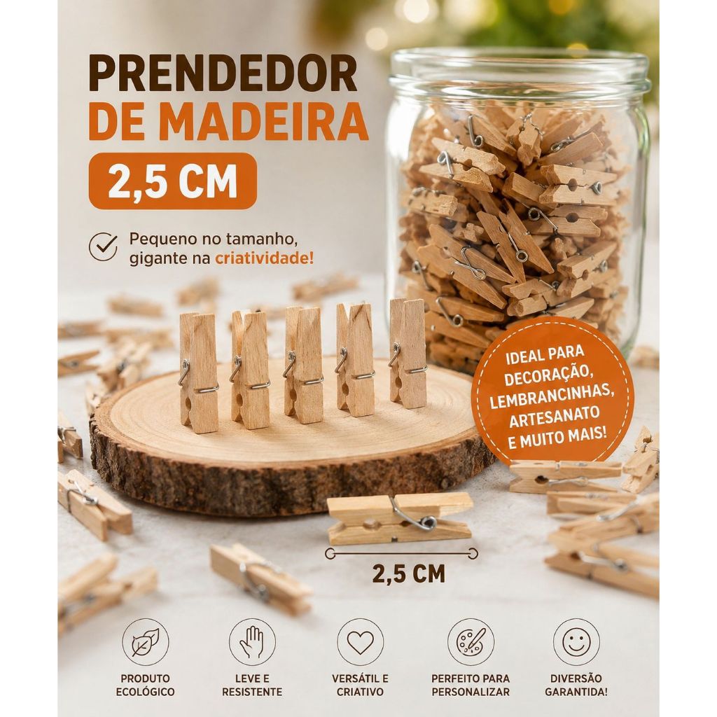 Mini Prendedor de Madeira 2,5cm Natural e Cores para Artesanato Scrapbook Decoração Drinks