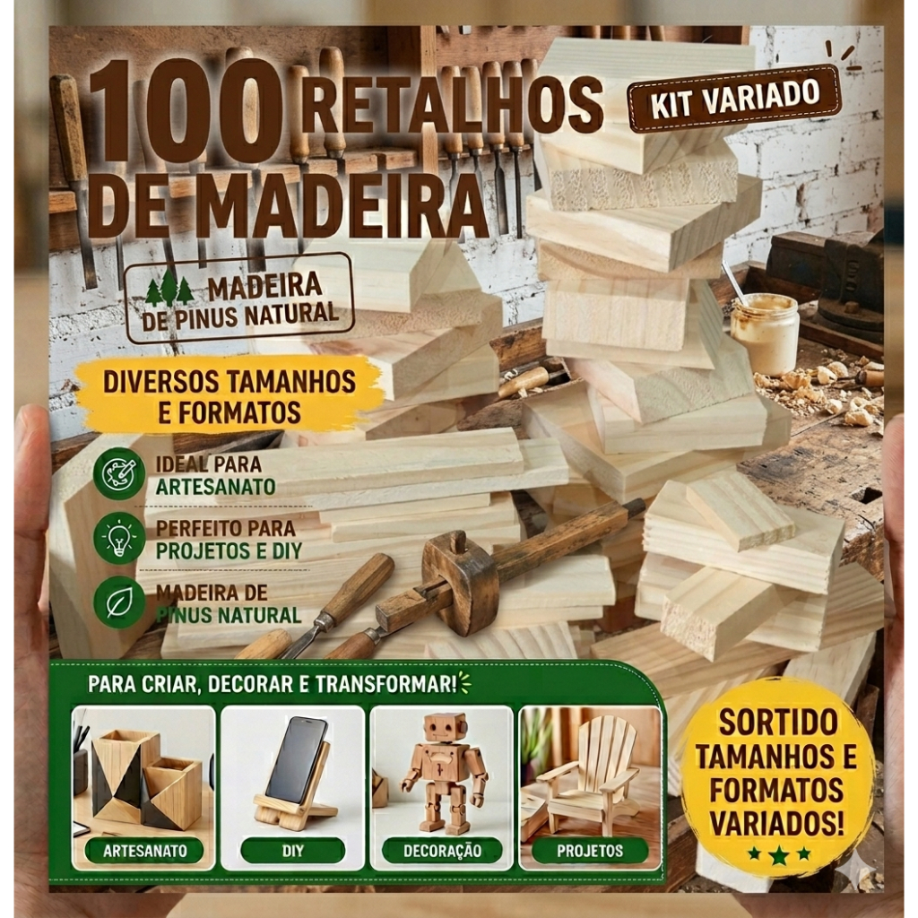 Kit Retalho de Madeira 100 PÇ Pinus Natural