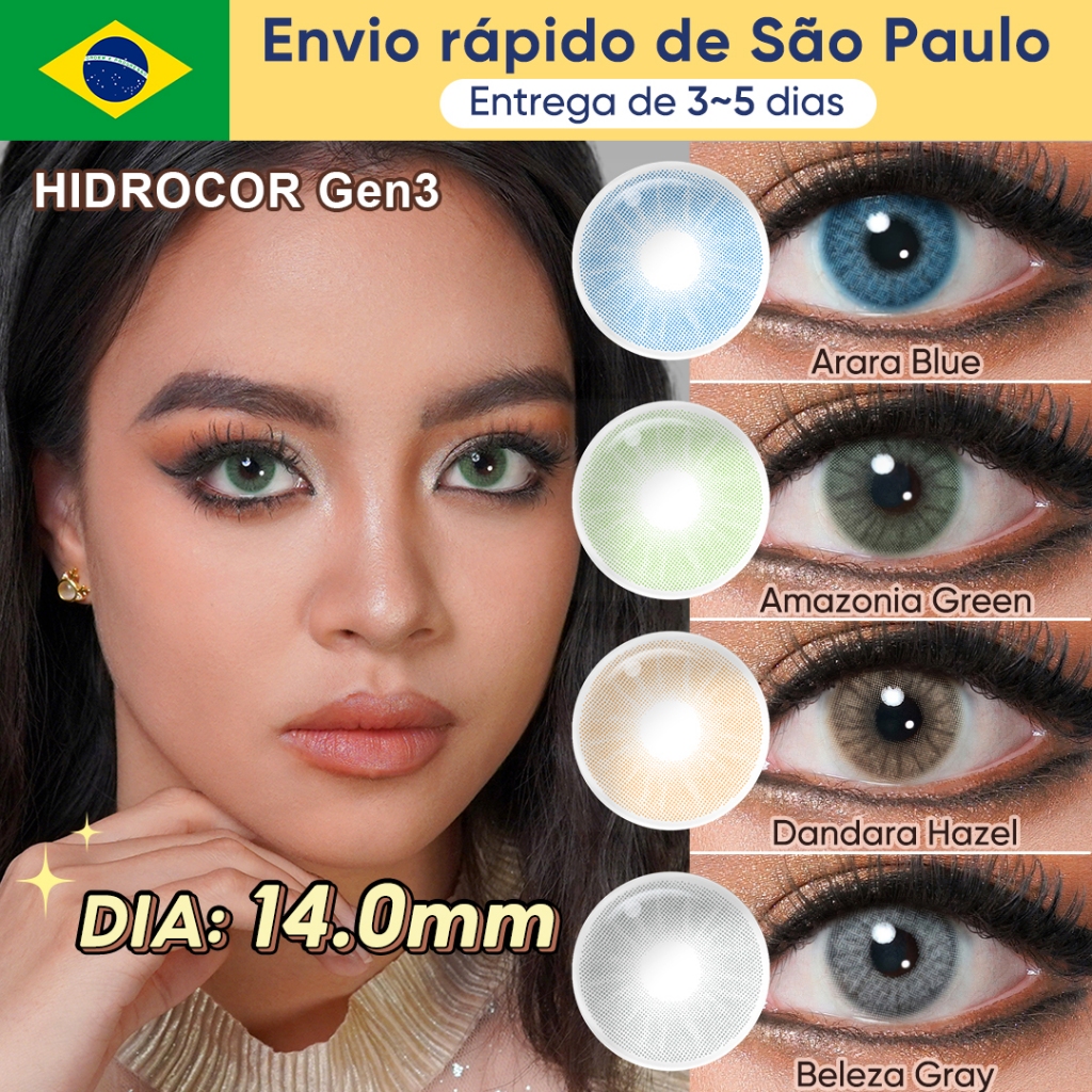 Freshgo HIDROCOR Gen3 Lentes De Contato Coloridas Natural Anual 14,0mm Castanho Claro 2 Peças/1 Par