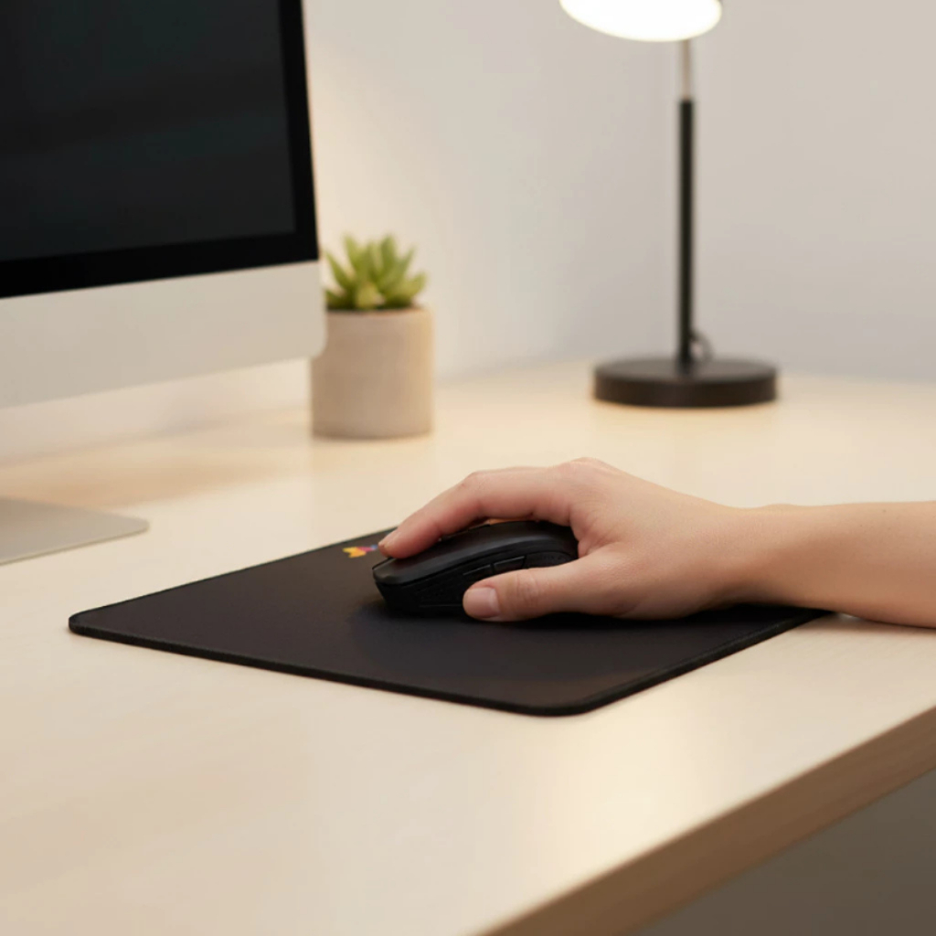 Kit com um Mouse Sem Fio Wireless 2.4G USB 10m e Mousepad Preto Antiderrapante 4 Botões Resistente