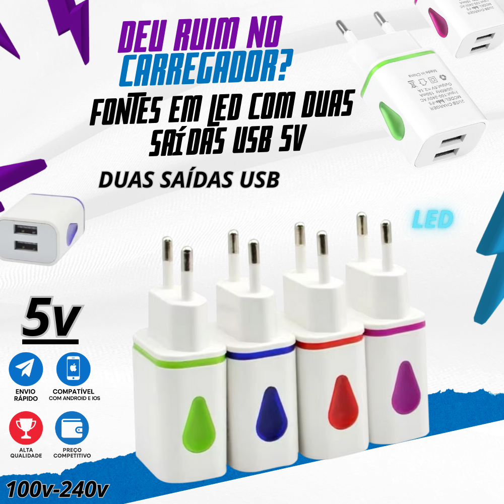 Fonte Carregador em Led Com Duas Saídas USB Led 100v-240v 5v Carga Rápida 2 aparelhos ao mesmo tempo