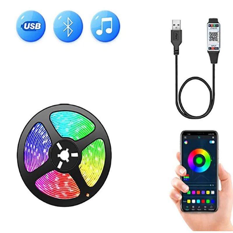 Fita de LED RGB SMD5050 5V USB Bluetooth, flexível, com fita adesiva traseira para retroiluminação de TV e desktop