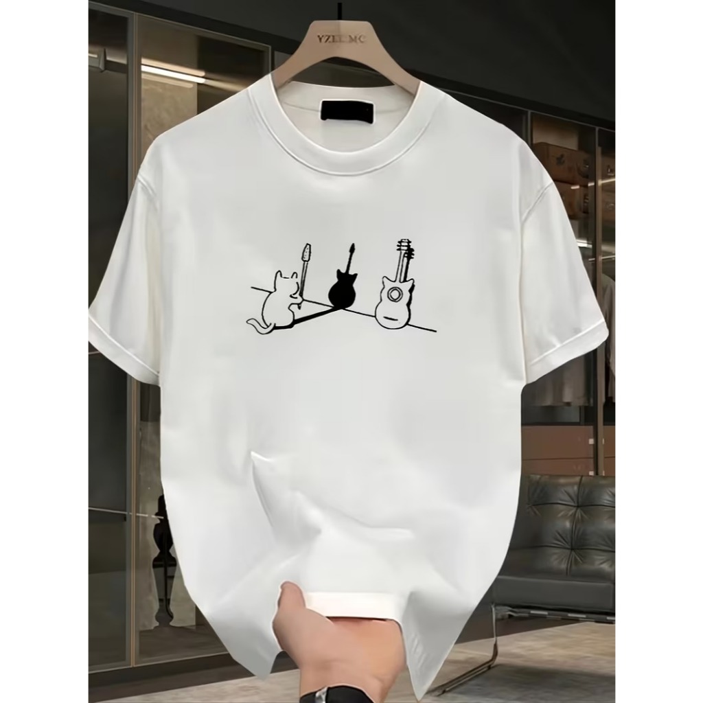 Camiseta Algodão Adulto Gato Violão Guitarra Sombra Comodos Musica Pet Animal Streetwear Moda20