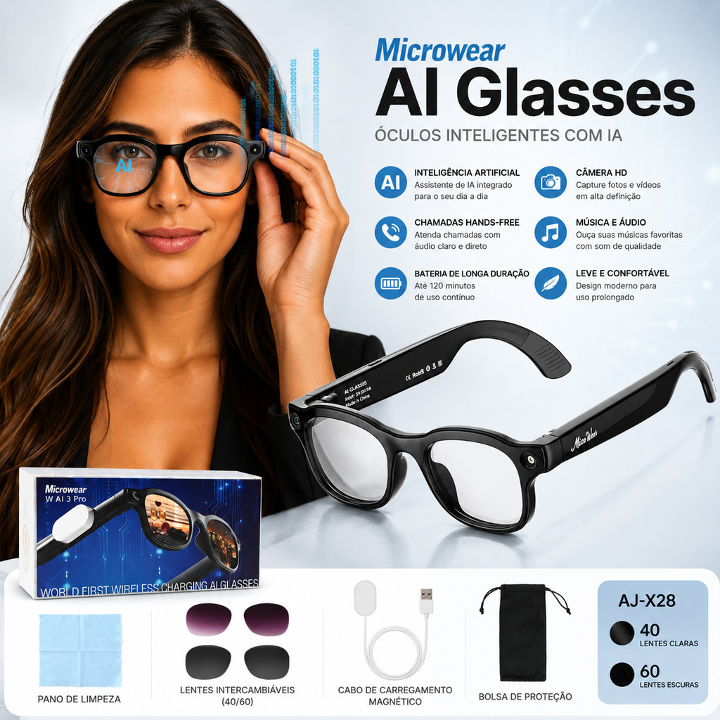 Óculos Smart Microwear AI Câmera 8MP Sensor Sony Gravação 1200p Leve 44g
