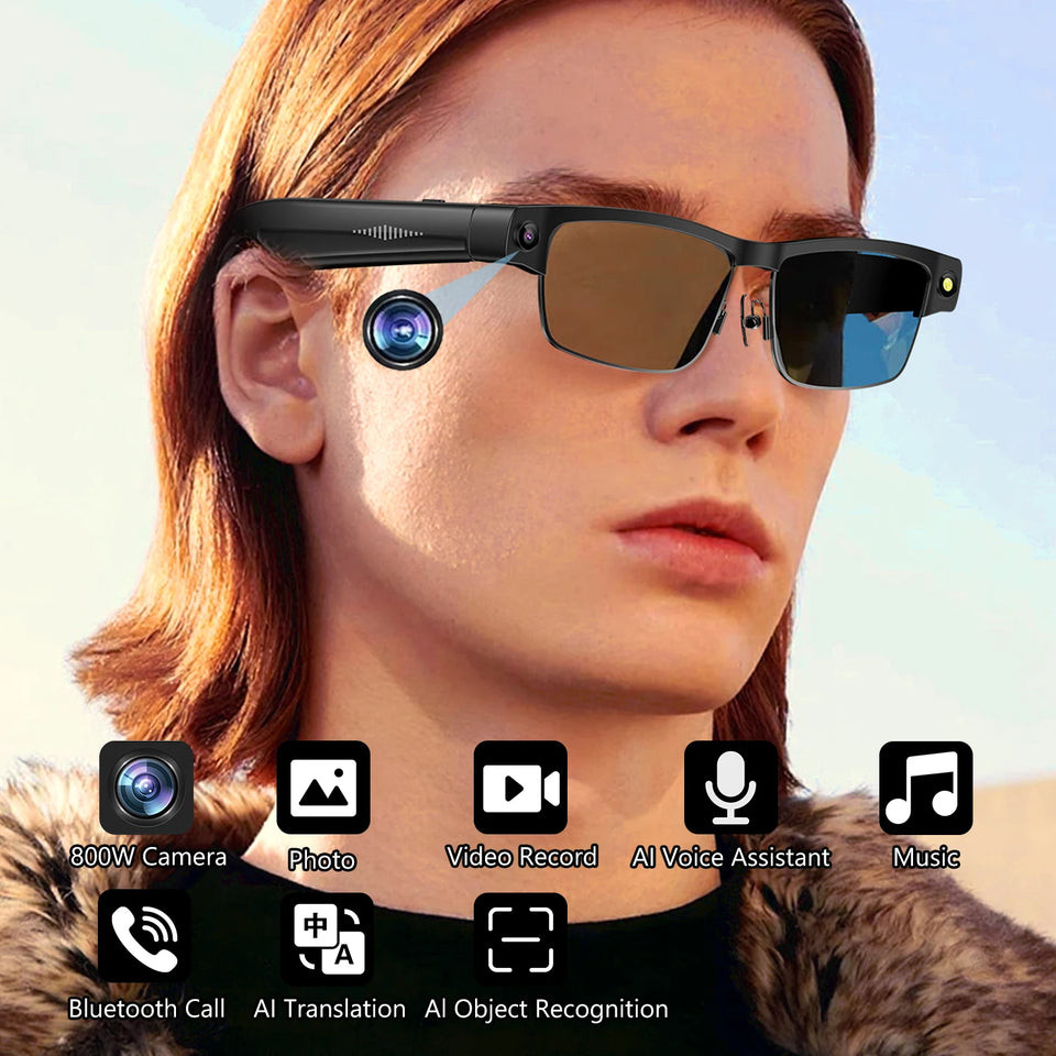 Smart Glasses com Câmera HD 1200P | Gravação Estabilizada, Tradução em Tempo Real, Reconhecimento de Objetos, Chamadas B