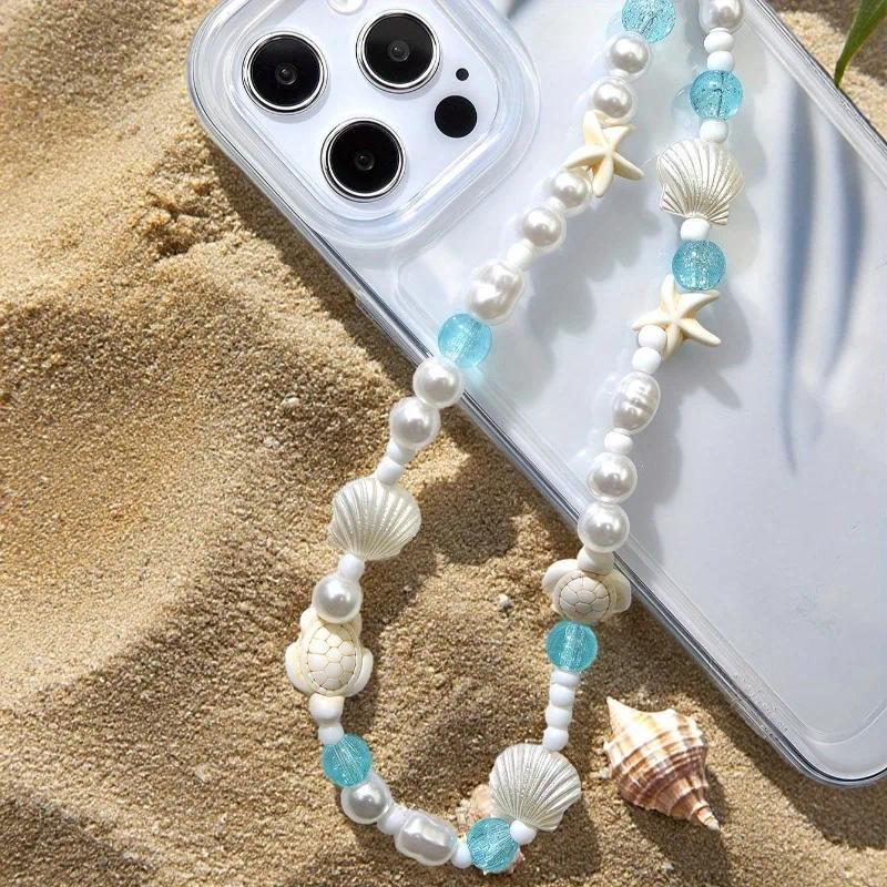 Corrente De Telefone Com Contas De Estrela Do Mar Azul Para Pulseira De Charme Pingente Moderno iPhone Samsung Acessório