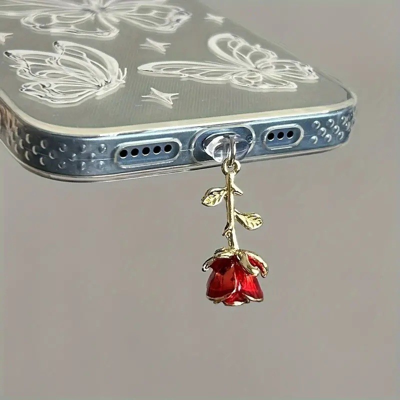 Rosa Vermelha Telefone Poeira plug Acessórios Decoração Pendurado Pingente Para iPhone Samsung Tipo-C Porta De Carregame