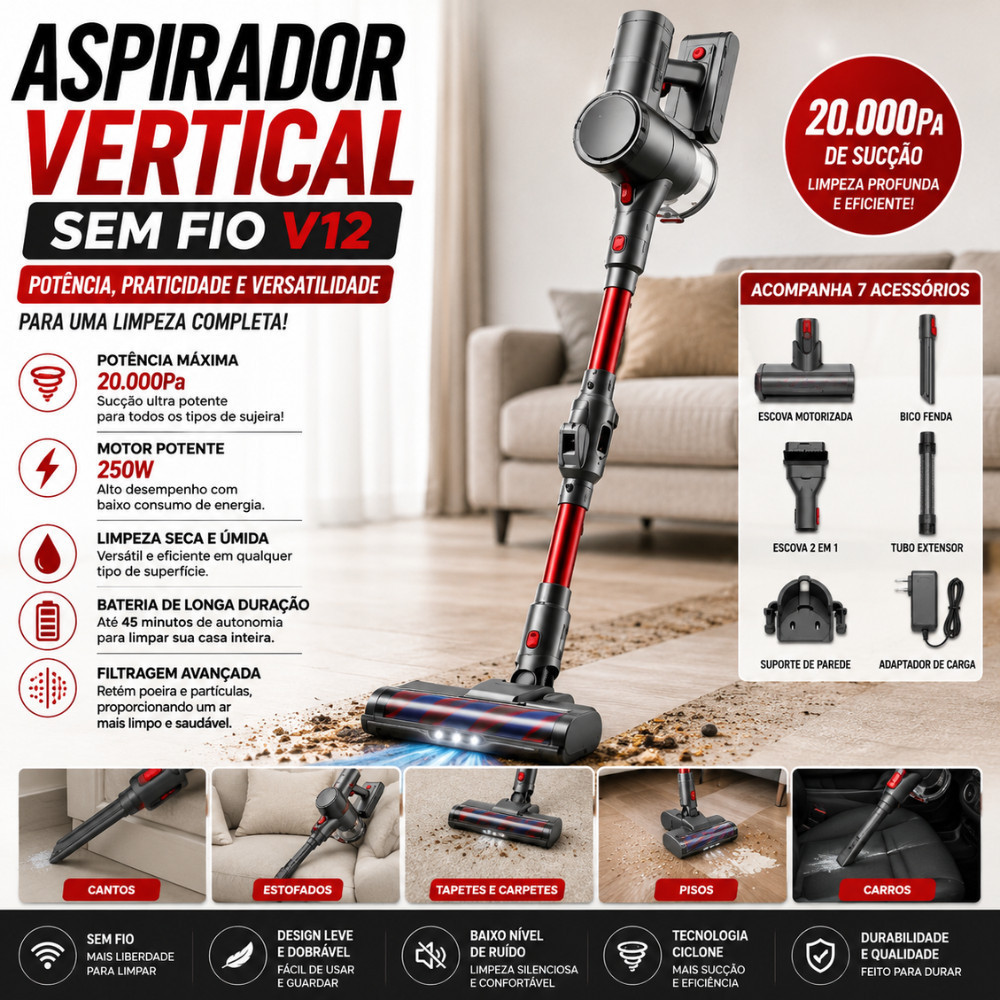Aspirador de Pó Vertical Sem Fio V12 20000Pa Recarregável Seco e Úmido 250W com 7 Acessórios