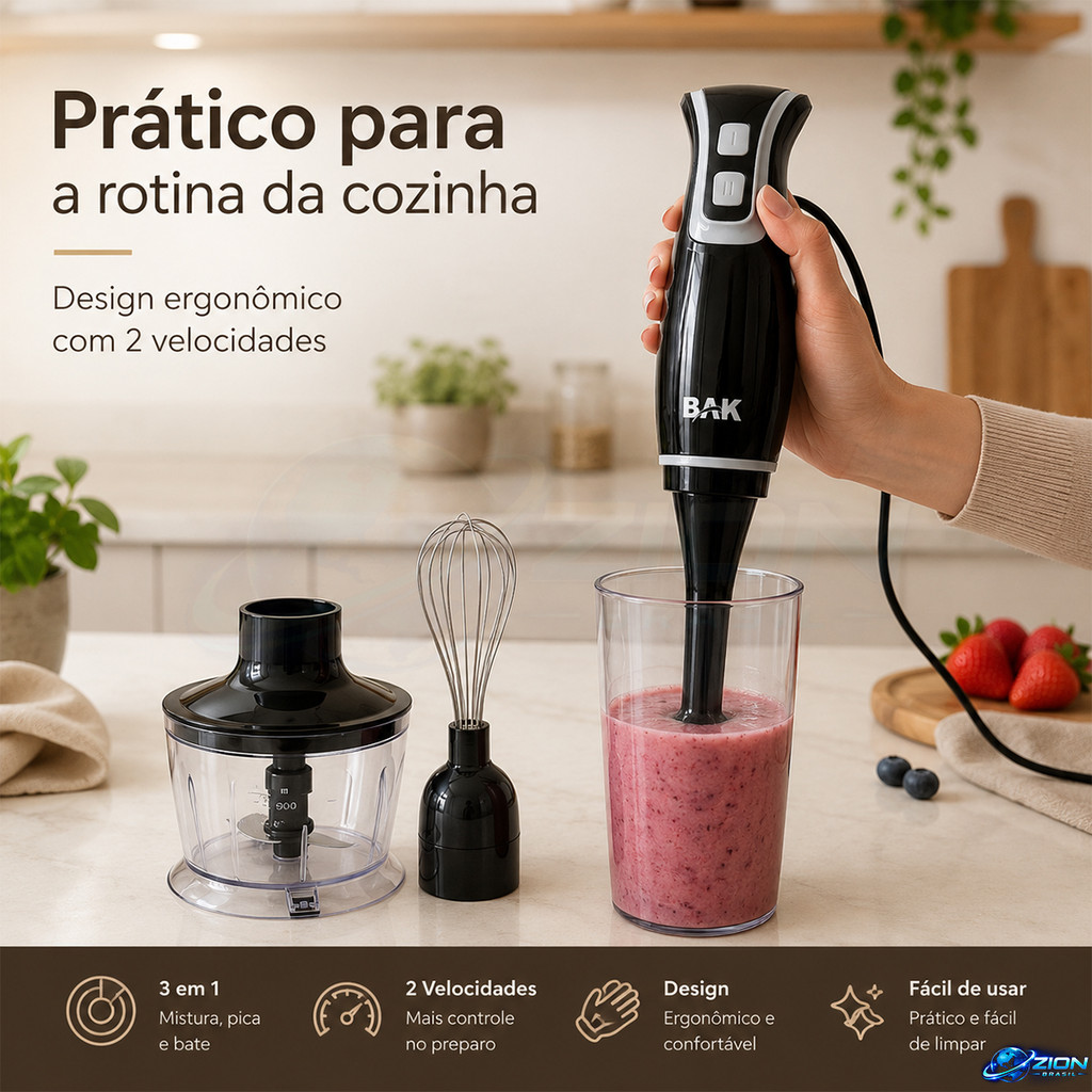 Mixer De Mão Portátil 250W Com Mini Processador Fouet E 2 Velocidades 3 Em 1 Triturador De Alimentos