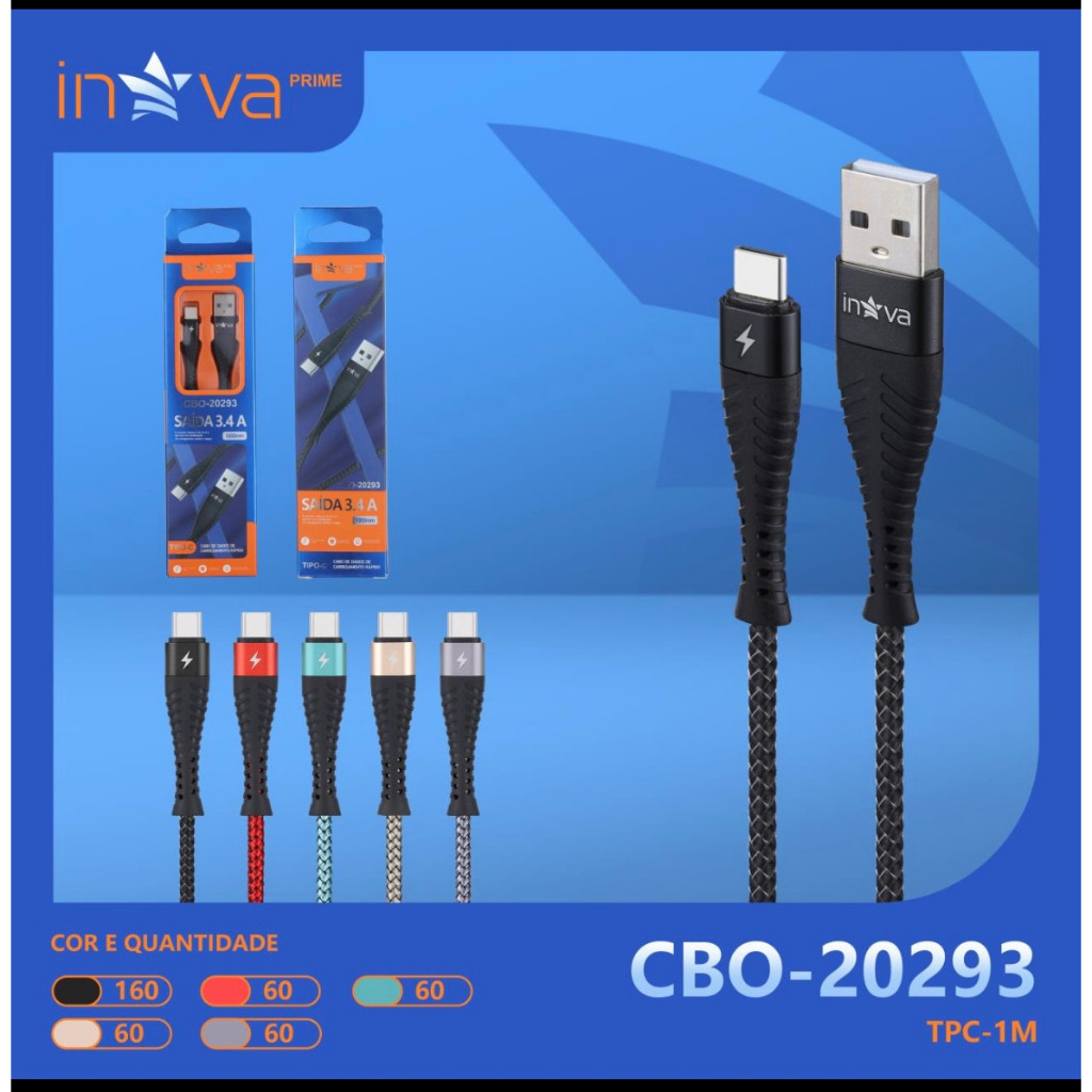 Kit 5pcs Cabo Tipo C USB Carga Rápida 1 Metro Inova Original