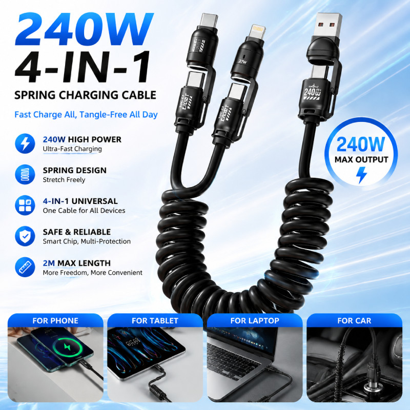 [Novo Atualizado] 5pcs Dados De Carregamento De Carro 240W Cabo Rápido 4 Em 1 Mola Escalável Tipo-c/Interface Usb
