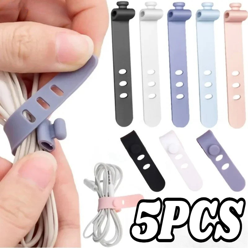 1/5Pcs Abraçadeiras De Fixação Ajustáveis Reutilizáveis-Tiras De Fivela Organizadoras De Cabo De Fio De Silicone