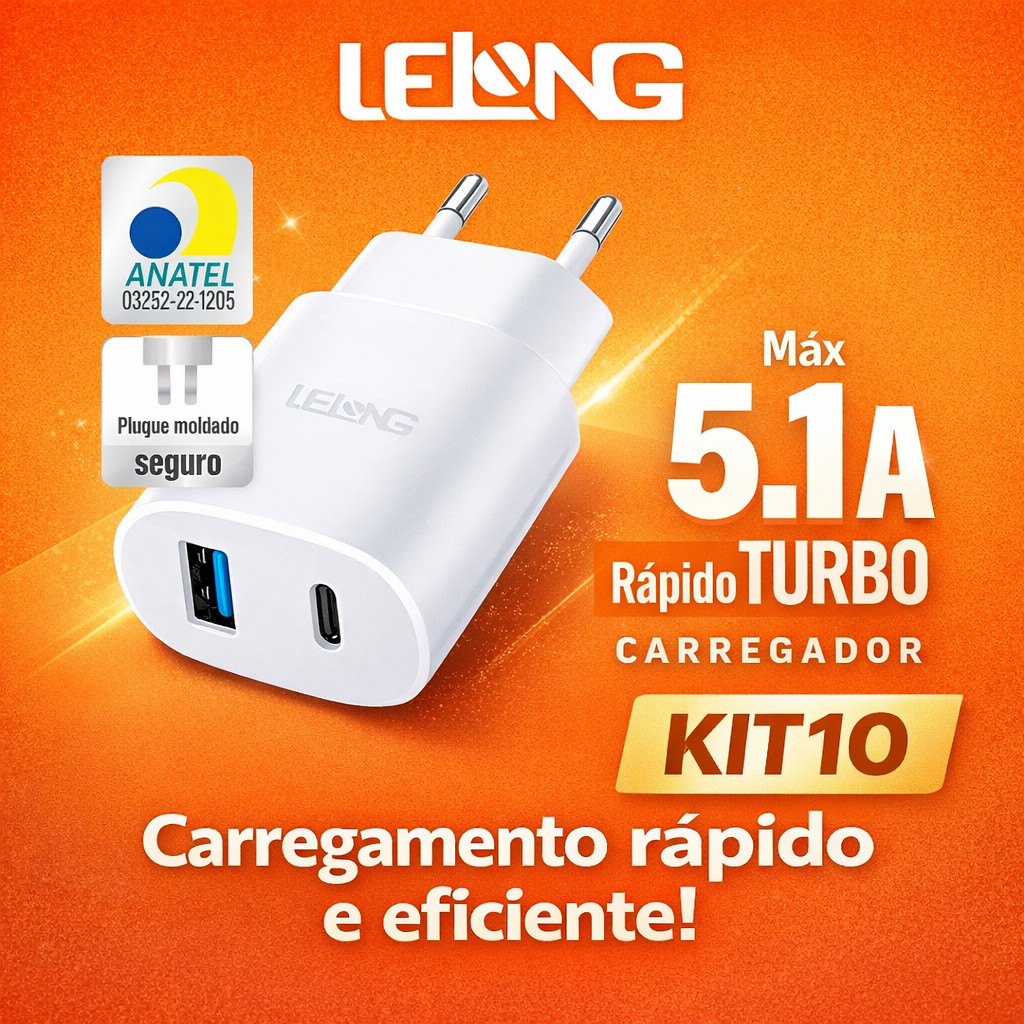 Kit 10 / 5pcs Fonte Carregador Lelong 5.1A 2 Saídas USB e Type-C LE-283